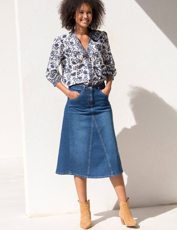 Chemisier col tunisien manches 3/4, imprimé bicolore (écru / marine) Chemisier col tunisien manches 3/4, imprimé bicolore (écru / marine)